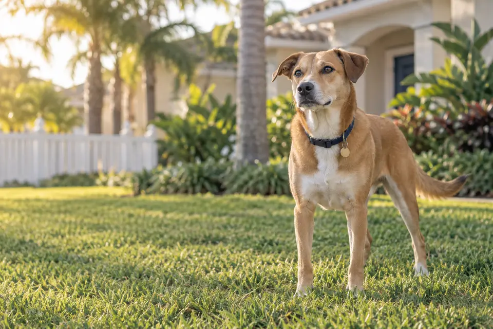 A dog in the front yard of a Florida house
