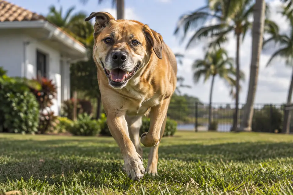 A dog running forward across a lawn