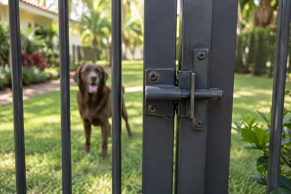 A dog beside a yard fence with a latched gate