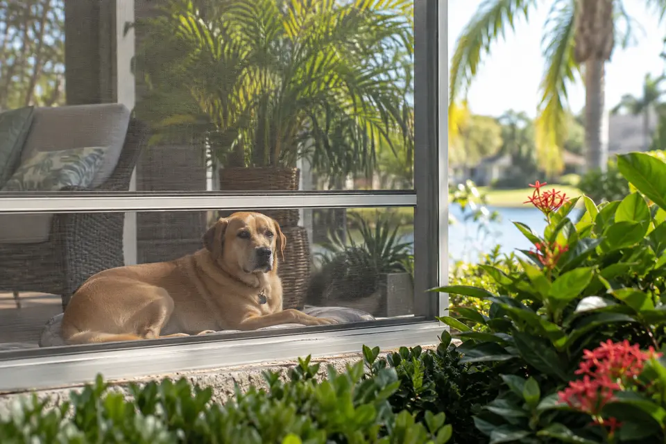 A dog behind a screened porch door