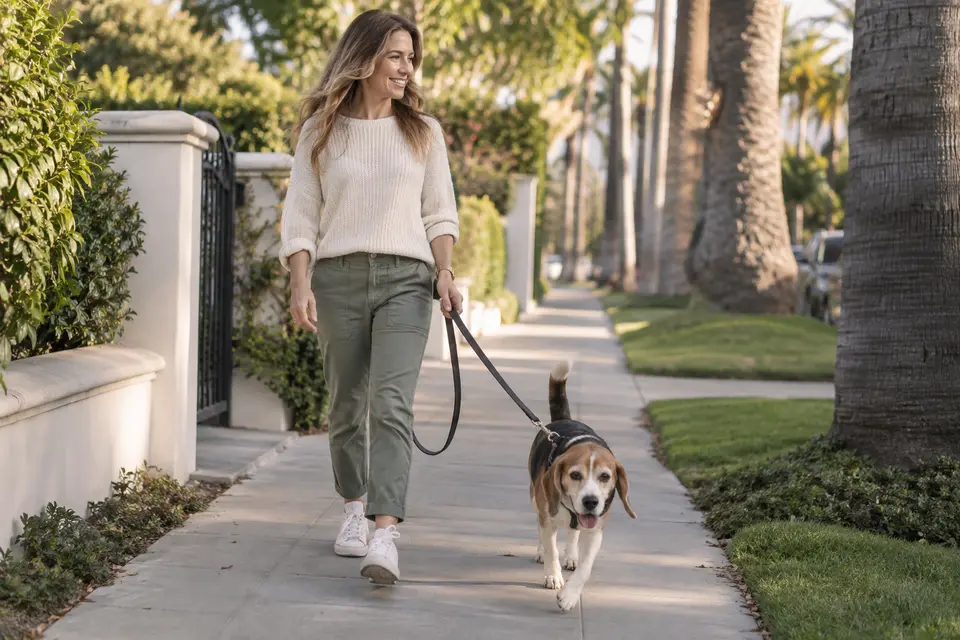 A dog being walked on a lead along a suburban pavement